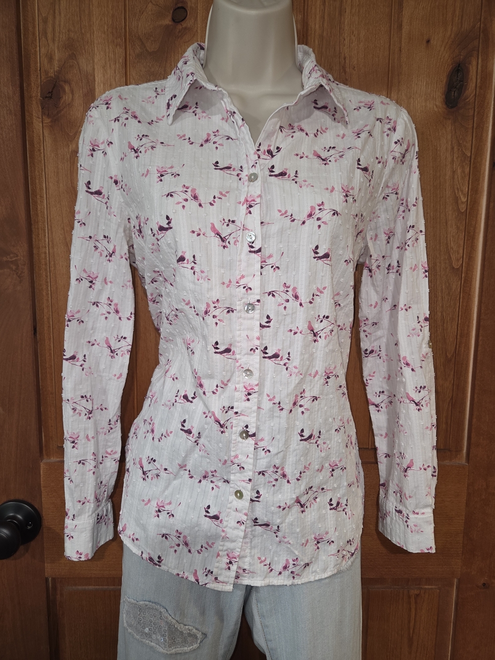 Jane and Delancey White Button-Up Shirt with Pink & Plum Floral Print